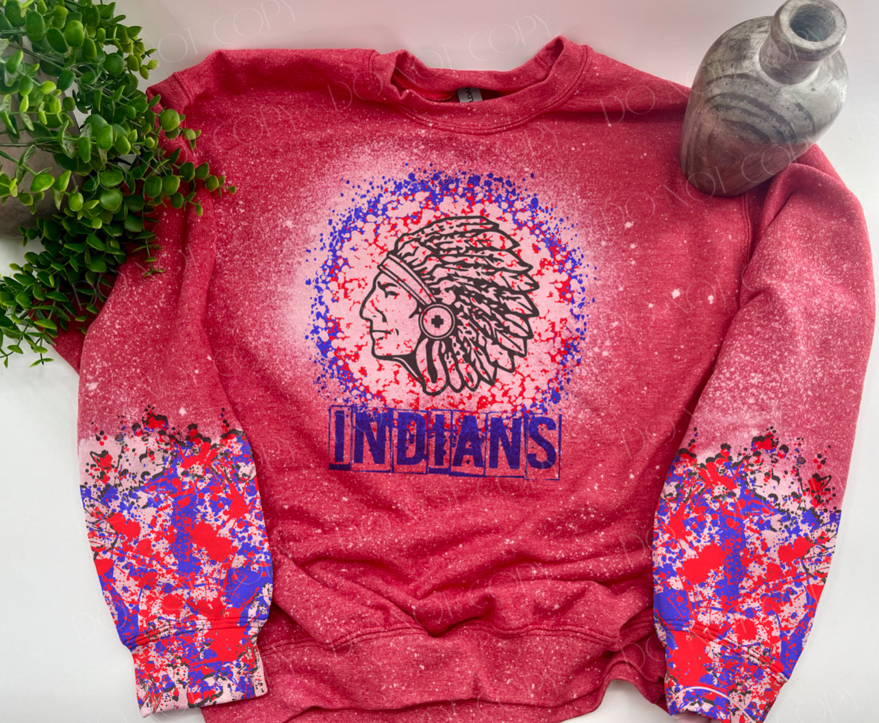 Indians Red Blue Splatter Bleached Sweatshirt With Printed Sleeve