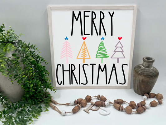 Merry Christmas Trees Colored - Wood Sign