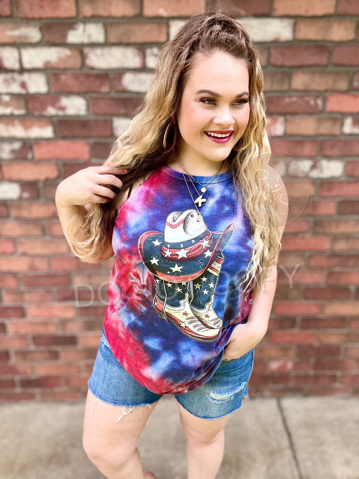 READY TO SHIP: SMALL, MED & 4XL -  Red White And Boots - Ice Dyed Rocker Tank