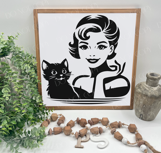 Vintage Lady with Cat - Wood Sign