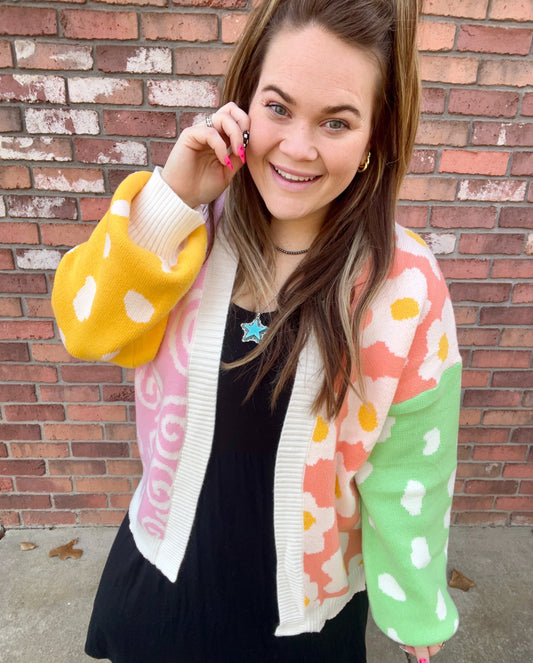 Orange Flower & Dotted Mixed Colorblock Cardigan | PREORDER 1/29