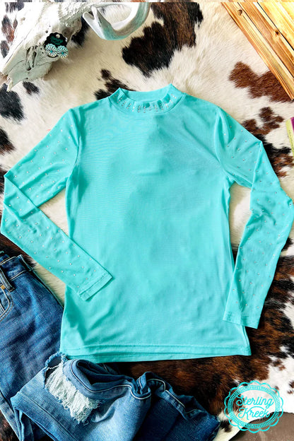 READY TO SHIP: SMALL - Turquoise Trouble Mesh Long Sleeve Top