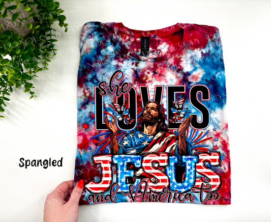 She Loves Jesus And America Too - Spangled Ice Dye - YOUTH & ADULT