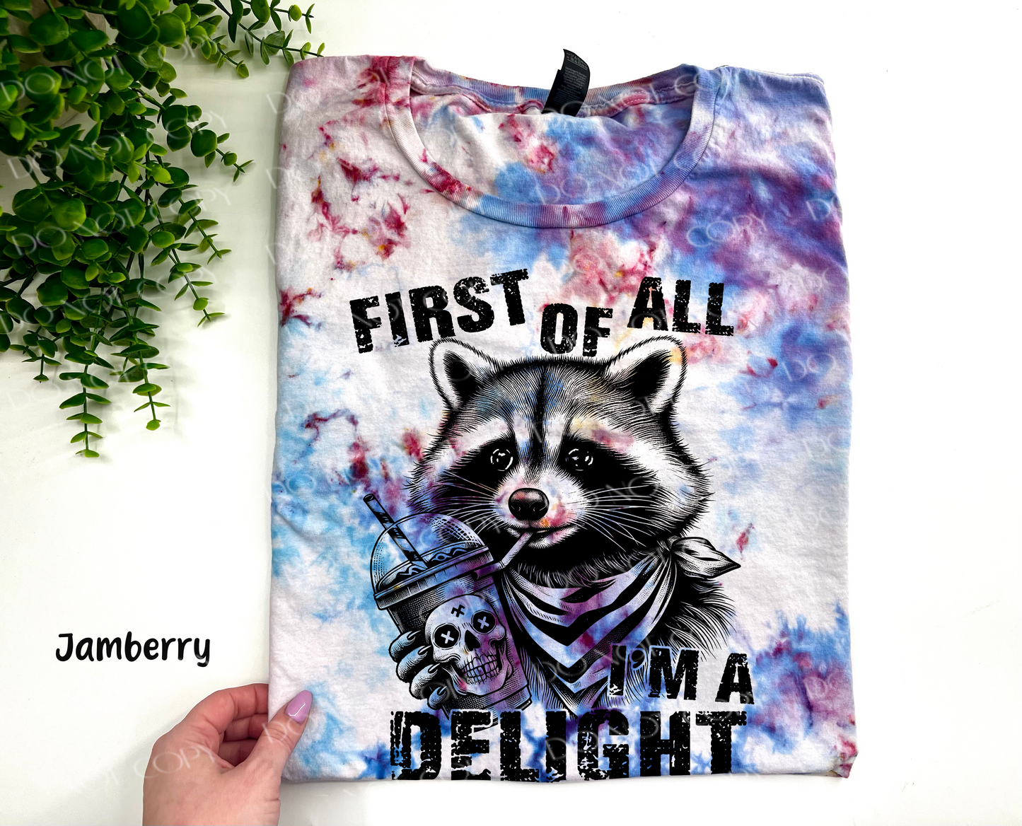 First Of All I’m A Delight Raccoon - Jamberry Ice Dye TSHIRT - YOUTH & ADULTr