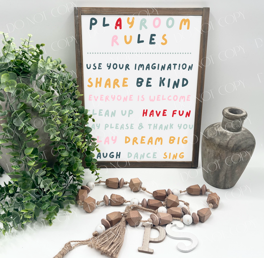 Playroom Rules Multi Colored - Wood Sign