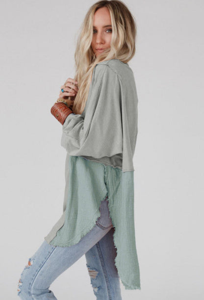 READY TO SHIP: XL - Crinkle Raw Hem Oversized Blouse