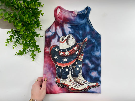 READY TO SHIP: Small & Medium -  Red White And Boots - Ice Dyed Rocker Tank