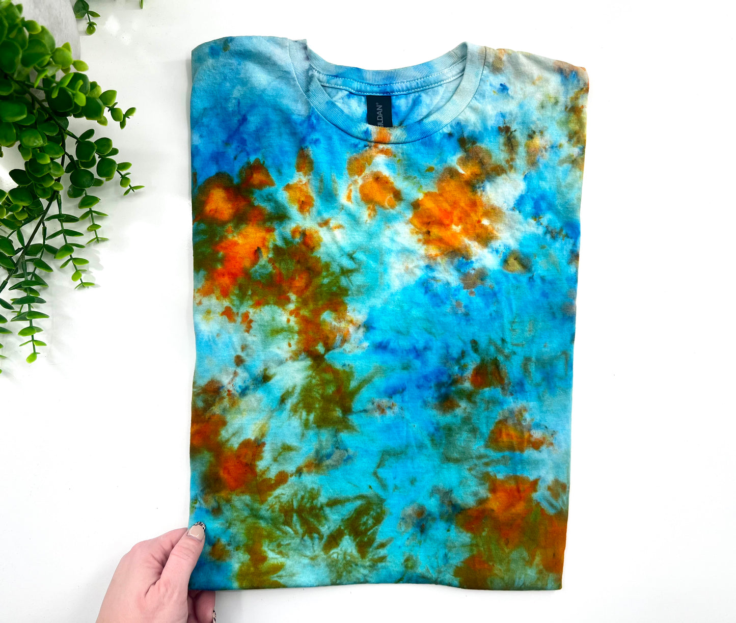 MEDIUM - Blue & Orange Ice Dyed Tshirt - Gildan