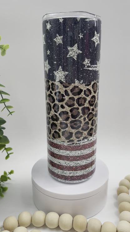 Horizontal Leopard Glitter American Flag - 20 oz Tumbler