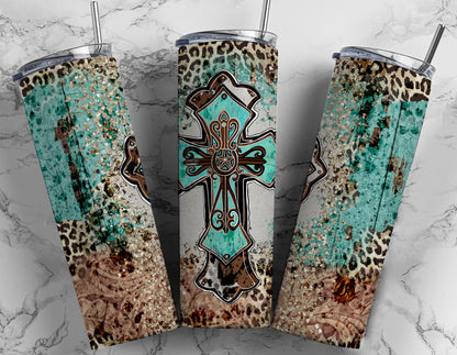 Teal Leopard Cross - 20 oz Tumbler