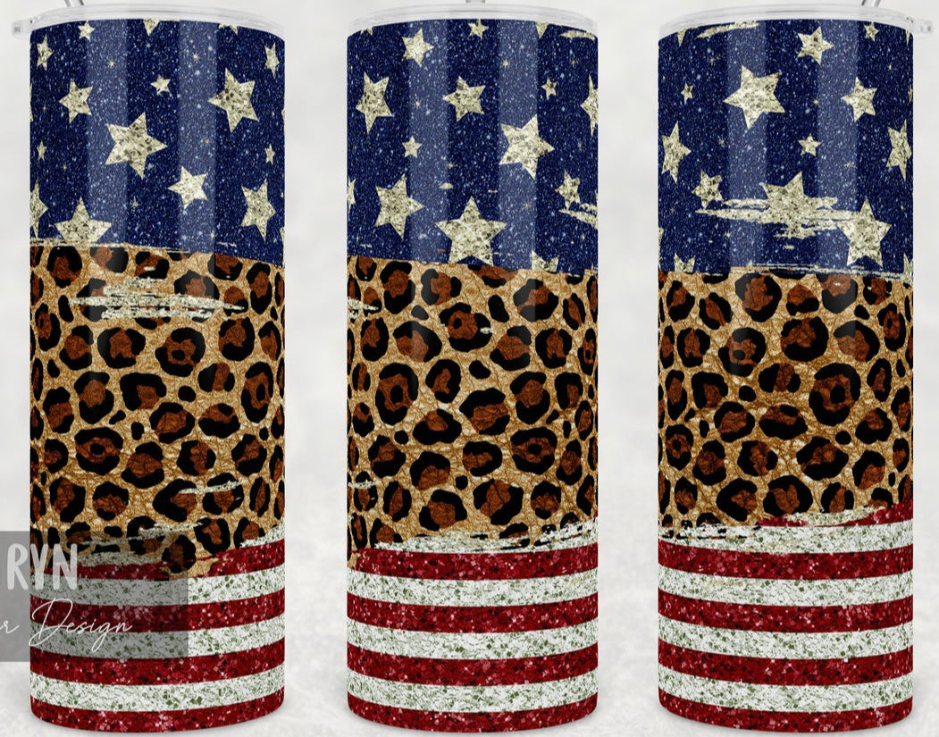 Horizontal Leopard Glitter American Flag - 20 oz Tumbler