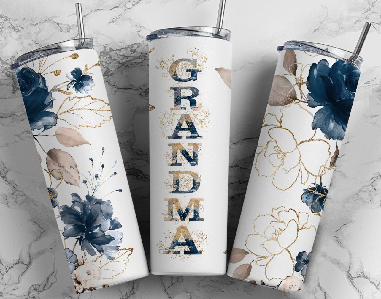 Grandma Navy Blue Gold Floral - 20 oz Tumbler